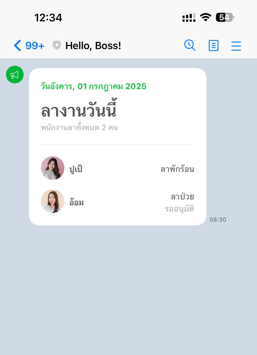 ลางานวันนี้ แจ้งจำนวนพนักงานที่ลางานพร้อมประเภทวันลาพักร้อน ลาป่วย และการอนุมัติลางาน