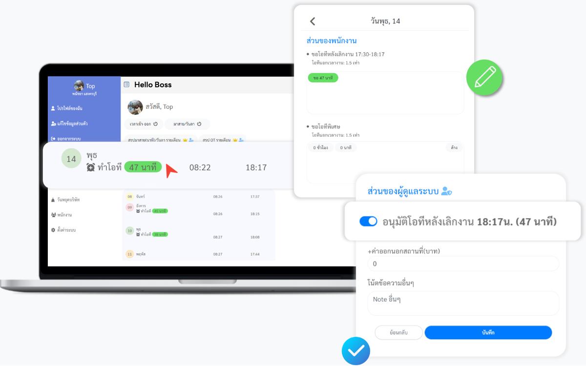 หน้าจอระบบล่วงเวลาทำงาน (OT) สามารถขอโอทีพร้อมแจ้งรายละเอียดการทำโอที หัวหน้างานหรือหัวหน้าแผนกสามารถอนุมัติโอทีได้เลย